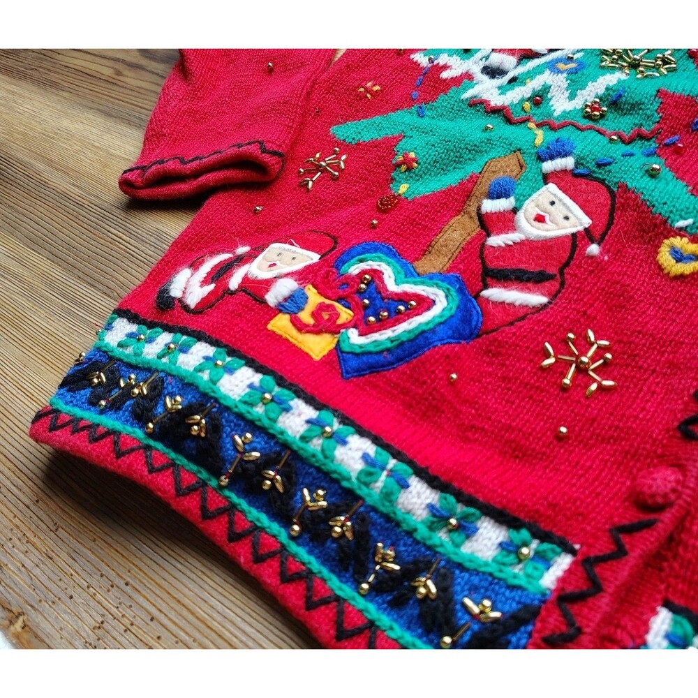Vintage Christmas Cardigan Sweater Size M Santa Claus Tree Embellished Retro - Picture 6 of 12